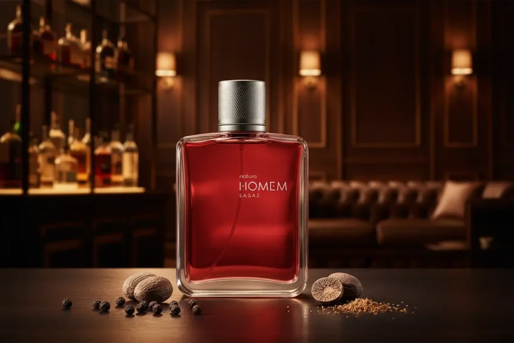 Perfume Natura Homem Sagaz em ambiente elegante de bar, com especiarias como noz-moscada e pimenta, refletindo a fragrância sofisticada e marcante
