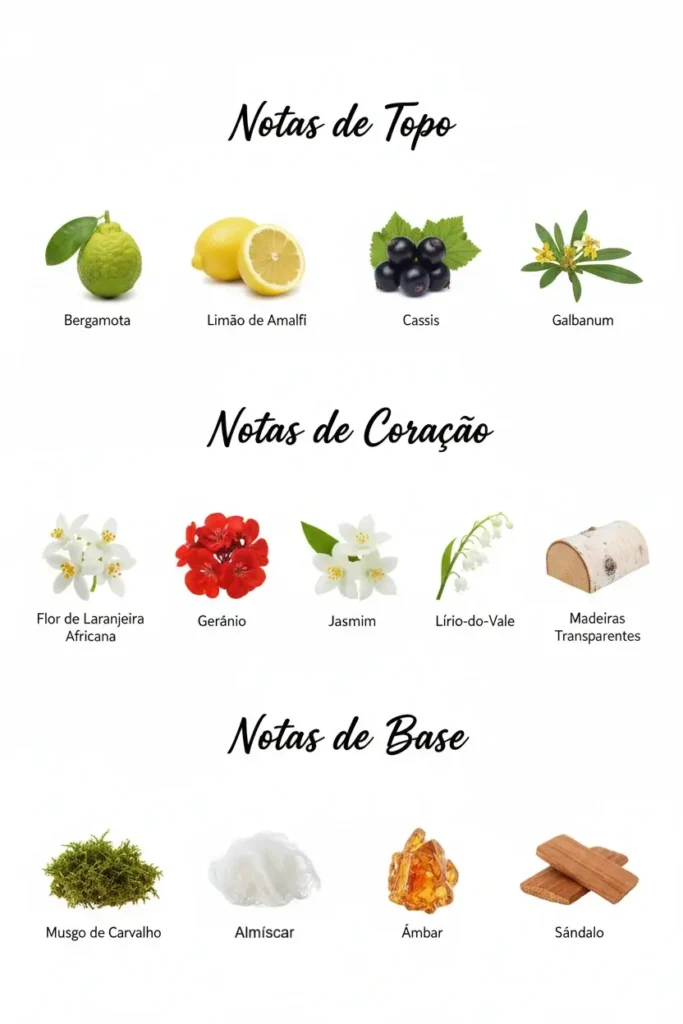 Notas olfativas com bergamota, limão de Amalfi, cassis, galbanum, flor de laranjeira, jasmim, âmbar e sândalo representando fragrância cítrica floral amadeirada