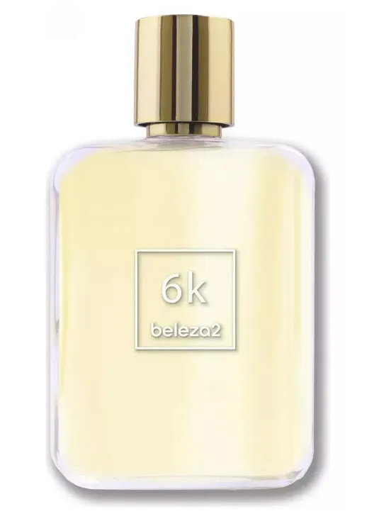 Frasco de perfume Beleza2 6K com vidro transparente, líquido amarelo-claro e tampa metálica dourada espelhada, com rótulo central minimalista em fundo claro.