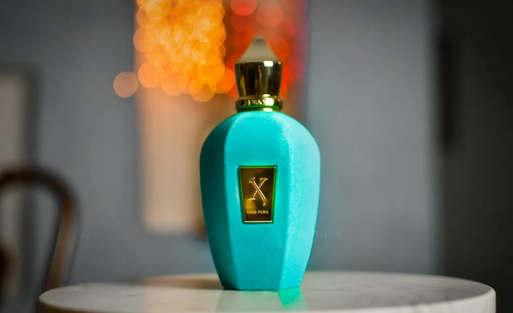 Frasco do perfume Erba Pura Xerjoff em tom azul vibrante com detalhes dourados, posicionado sobre mesa com fundo desfocado e luzes quentes ao fundo, transmitindo luxo, sofisticação e elegância moderna.