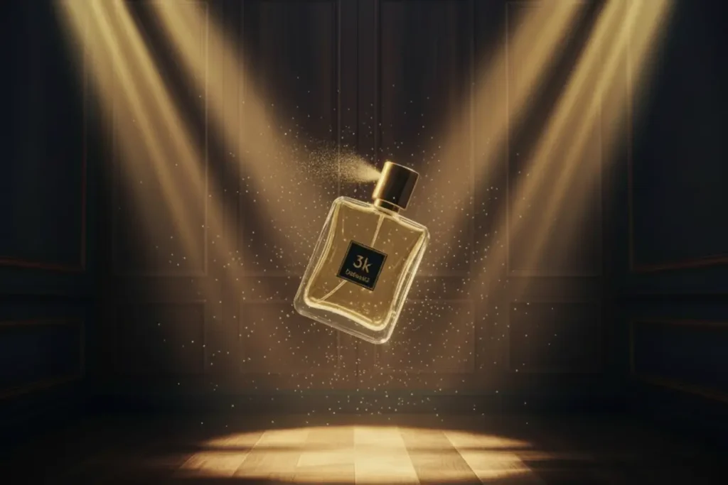 Frasco do perfume 3K Beleza2 iluminado por luzes douradas, simbolizando luxo, elegância e presença