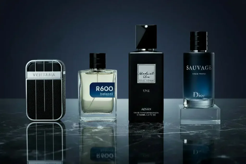 Perfumes Armaf Ventana, R600 Beleza2, Afnan Modest Une e Dior Sauvage alinhados em cenário sofisticado, fragrâncias parecidos com Dior Sauvage com perfil fresco, moderno e masculino