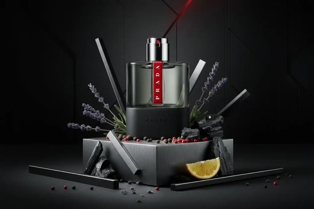 Perfume Prada Luna Rossa Carbon com lavanda, limão, carvão e pimenta em cenário industrial moderno com iluminação escura, representando fragrância sofisticada e contemporânea