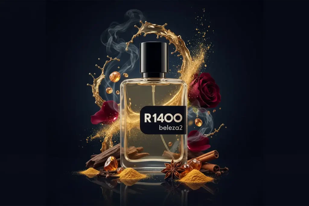 Perfume R1400 da Beleza2 com rosas, especiarias e madeira em cenário sofisticado com efeito dourado, representando fragrância elegante e marcante