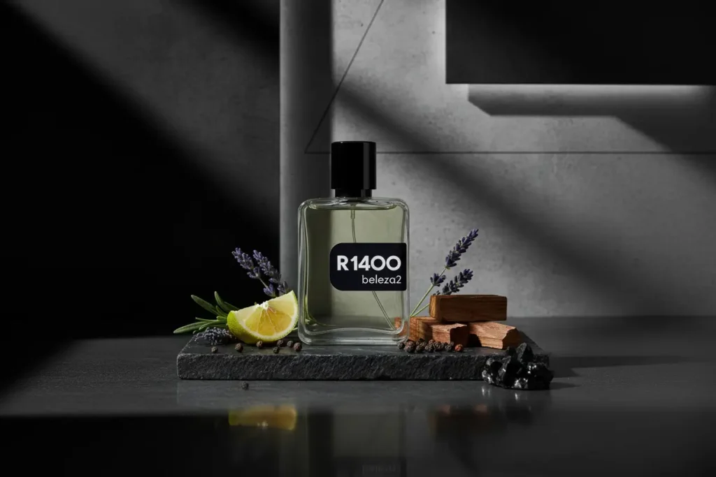 Frasco do R1400 Beleza2 com elementos cítricos, lavanda e madeira em ambiente minimalista, destacando perfume elegante e marcante