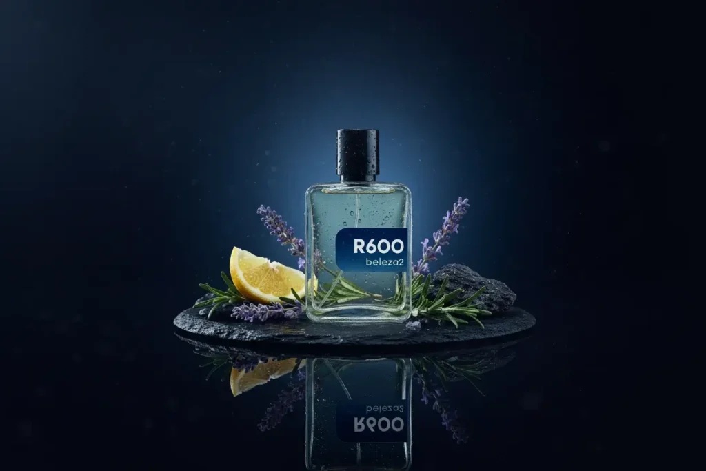 Perfume R600 da Beleza2 com limão, lavanda e ervas em cenário azul escuro com efeito aquático, representando fragrância fresca e aromática
