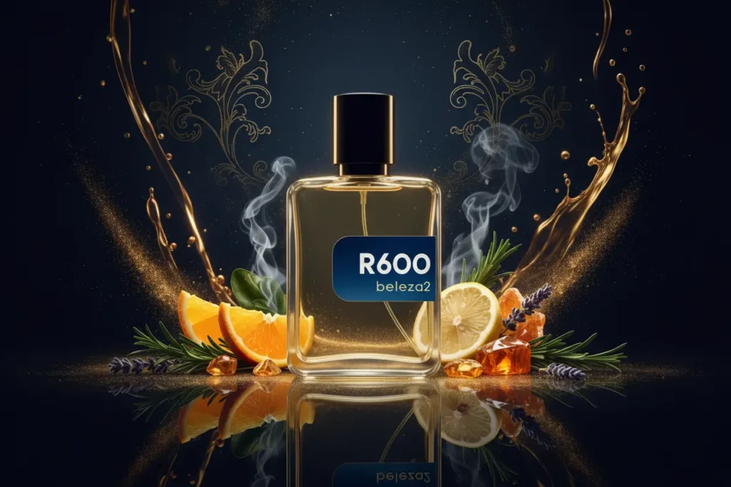 Perfume R600 da Beleza2 com laranja, limão, ervas e elementos amadeirados em cenário sofisticado, representando fragrância fresca e marcante