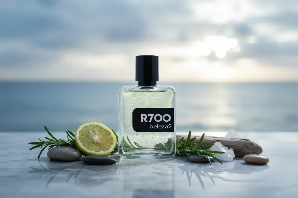 Perfume R700 da Beleza2 com limão, ervas e pedras em cenário de praia ao fundo, representando fragrância fresca e aquática sofisticada