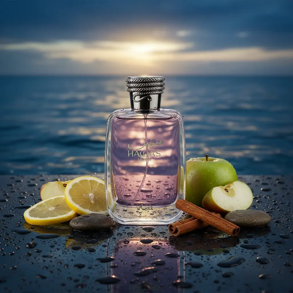 Perfume Rasasi Hawas com limão, maçã, notas aquáticas e gotas de água em cenário azul marinho, representando fragrância fresca, doce e aquática