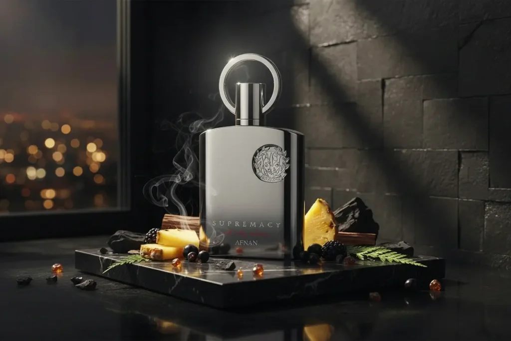 Perfume Supremacy Not Only Intense Afnan com abacaxi, frutas escuras, madeira e fumaça em ambiente sofisticado noturno, representando fragrância intensa e amadeirada