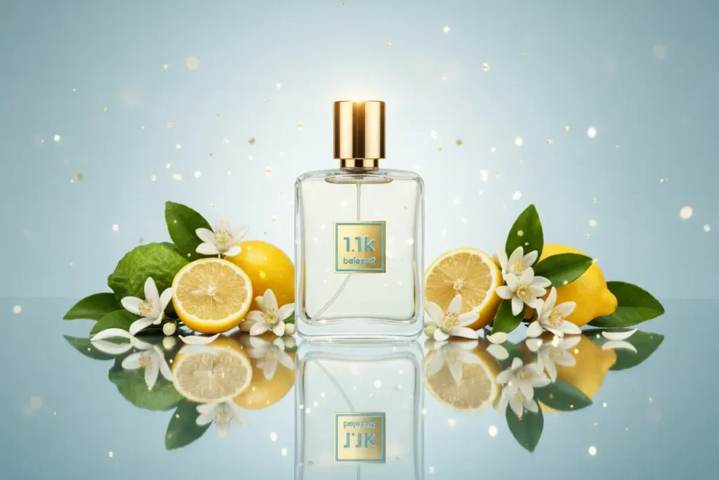 Perfume 1.1K Beleza2 em cenário claro com limão, cítricos e flores brancas, representando fragrância fresca, limpa e elegante inspirada em perfume importado de referência