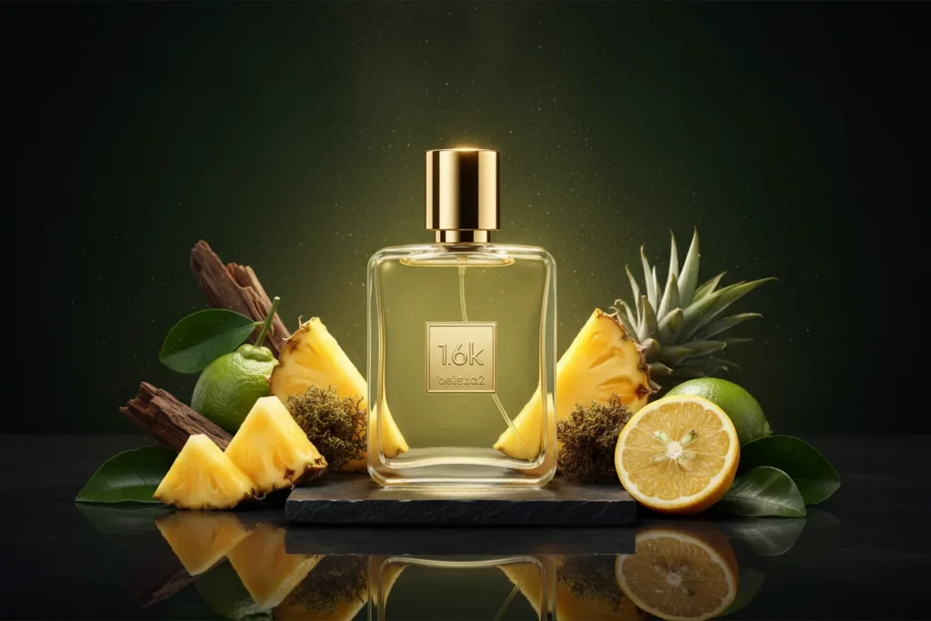 Perfume 1.6K Beleza2 em cenário elegante com abacaxi, cítricos e notas verdes, representando fragrância fresca, sofisticada e inspirada em perfume importado de referência