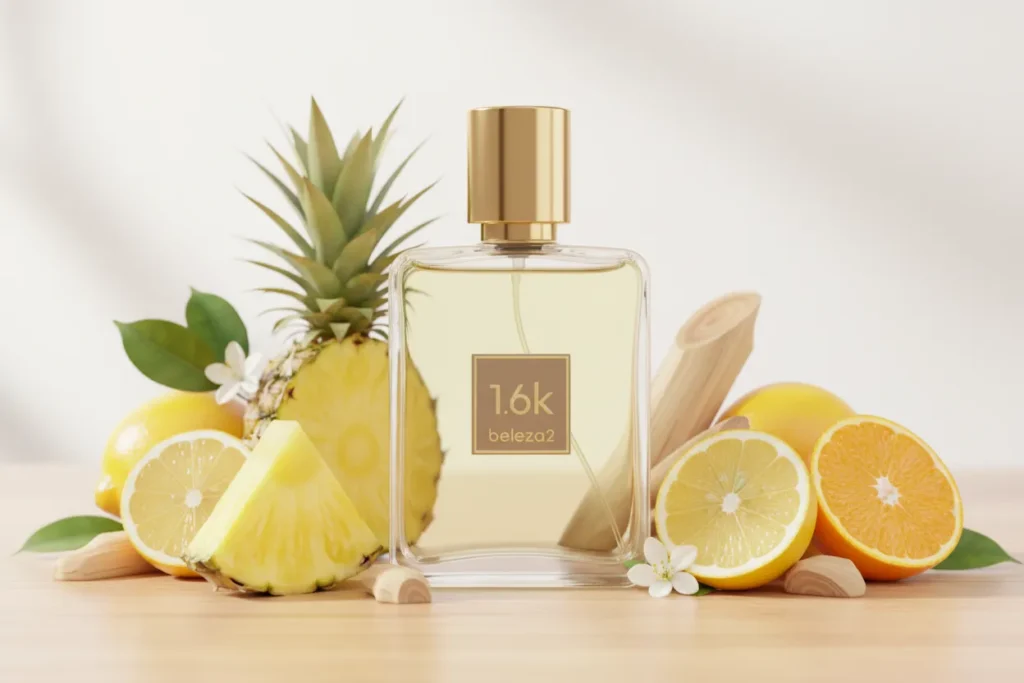 Perfume 1.6K da Beleza2 em frasco transparente com tampa dourada, rodeado por abacaxi, notas cítricas e madeira, transmitindo elegância, sofisticação e uma fragrância inspirada em perfumes importados de referência com excelente custo-benefício.