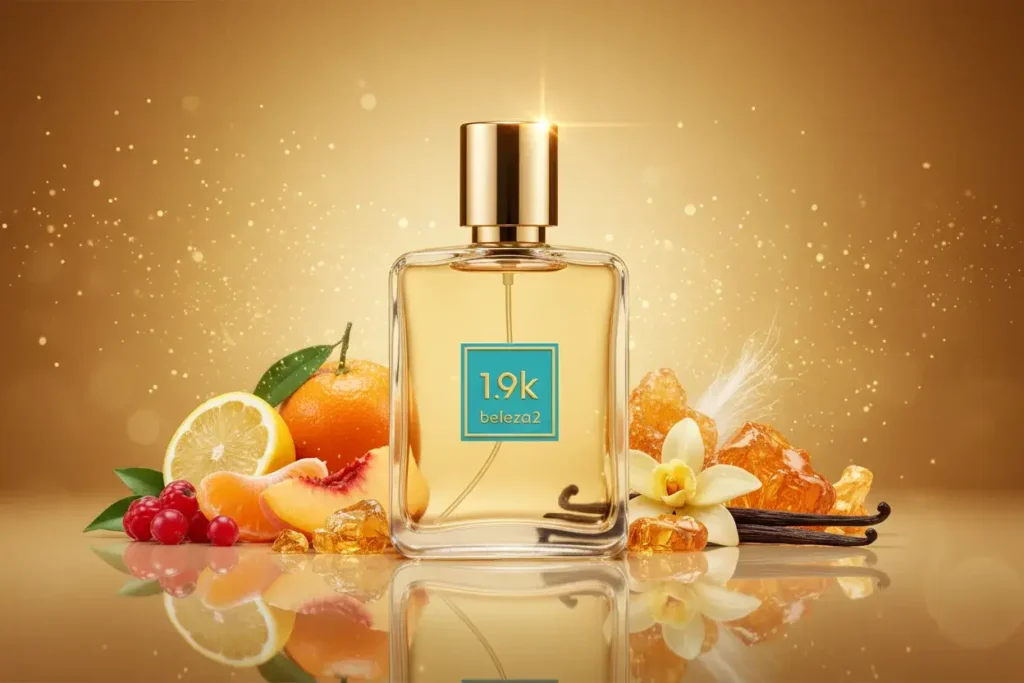 Perfume 1.9K Beleza2 em cenário dourado sofisticado com frutas cítricas, baunilha e âmbar, representando fragrância doce, envolvente e inspirada em perfume importado de referência