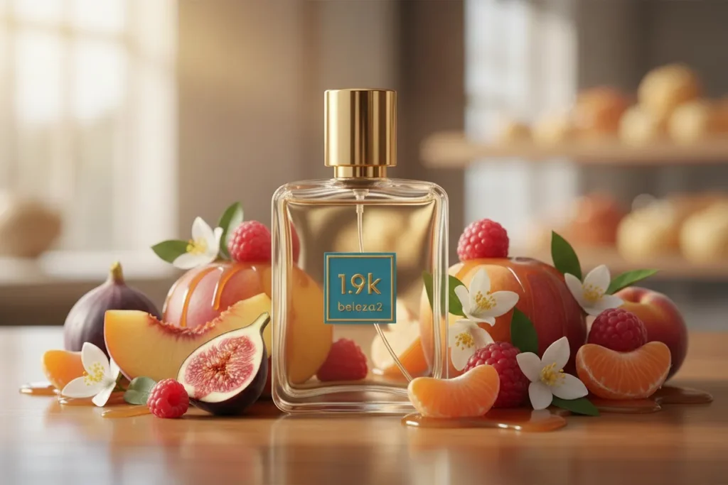 Perfume 1.9K da Beleza2 em frasco transparente com tampa dourada, rodeado por frutas, transmitindo sofisticação, modernidade e uma fragrância inspirada em perfumes importados de referência com excelente custo-benefício.