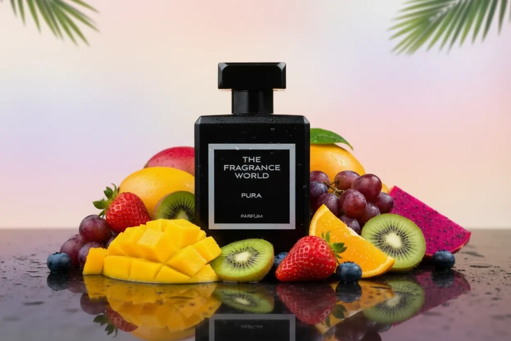 Perfume Pura da The Fragrance World em frasco elegante, com frutas coloridas ao redor como laranja, limão e frutas doces, representando uma fragrância frutada, doce, moderna.
