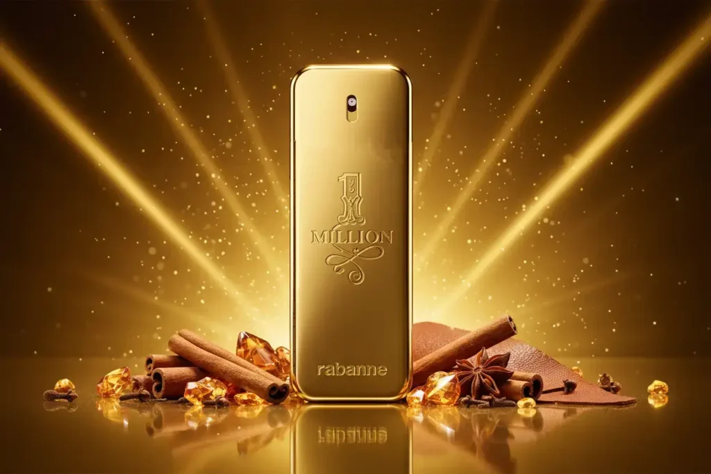 Perfume 1 Million com canela, âmbar e couro em cenário dourado luxuoso, representando fragrância doce, intensa e marcante