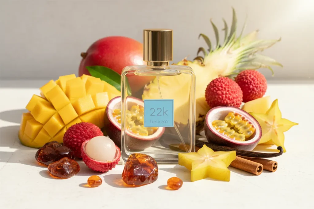 Perfume 2.2K da Beleza2 em frasco transparente com tampa dourada, rodeado por frutas tropicais e elementos ambarados, transmitindo sofisticação, modernidade e uma fragrância inspirada em perfumes importados de referência com excelente custo-benefício.