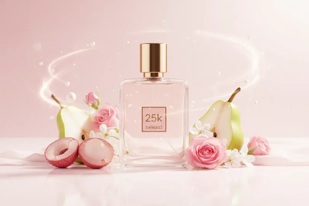 Perfume 2.5K da Beleza2 em frasco transparente com tampa dourada, rodeado por lichia, pera e rosas, representando fragrância floral frutada sofisticada e feminina