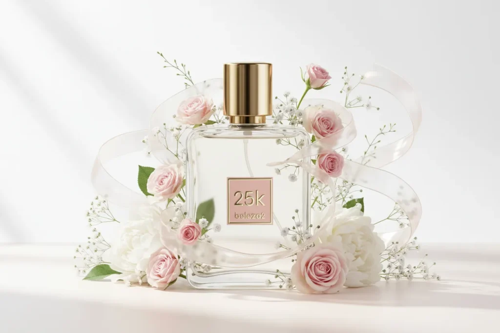 Perfume 2.5K da Beleza2 em frasco transparente com tampa dourada, rodeado por flores delicadas e notas suaves, transmitindo elegância, feminilidade e uma fragrância inspirada em perfumes importados de referência com excelente custo-benefício.