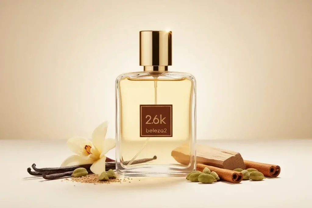 Perfume 2.6K da Beleza2 em frasco transparente com tampa dourada, rodeado por baunilha, canela, cardamomo e madeira, representando fragrância doce, quente e sofisticada inspirada em perfume de nicho