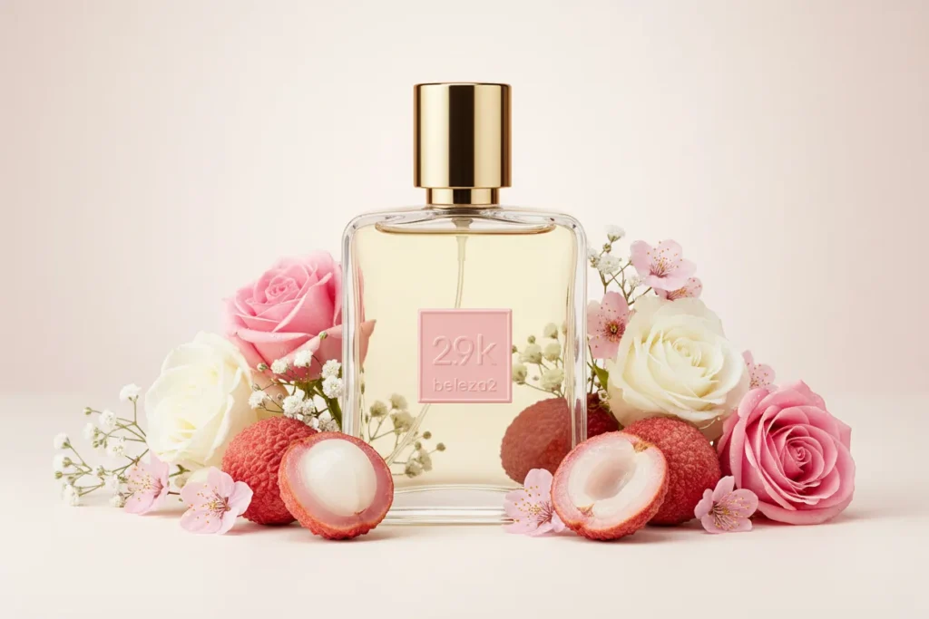 Perfume 2.9K da Beleza2 em frasco transparente com tampa dourada, cercado por rosas, lichia e flores delicadas, representando fragrância floral frutada feminina sofisticada inspirada em perfume de nicho