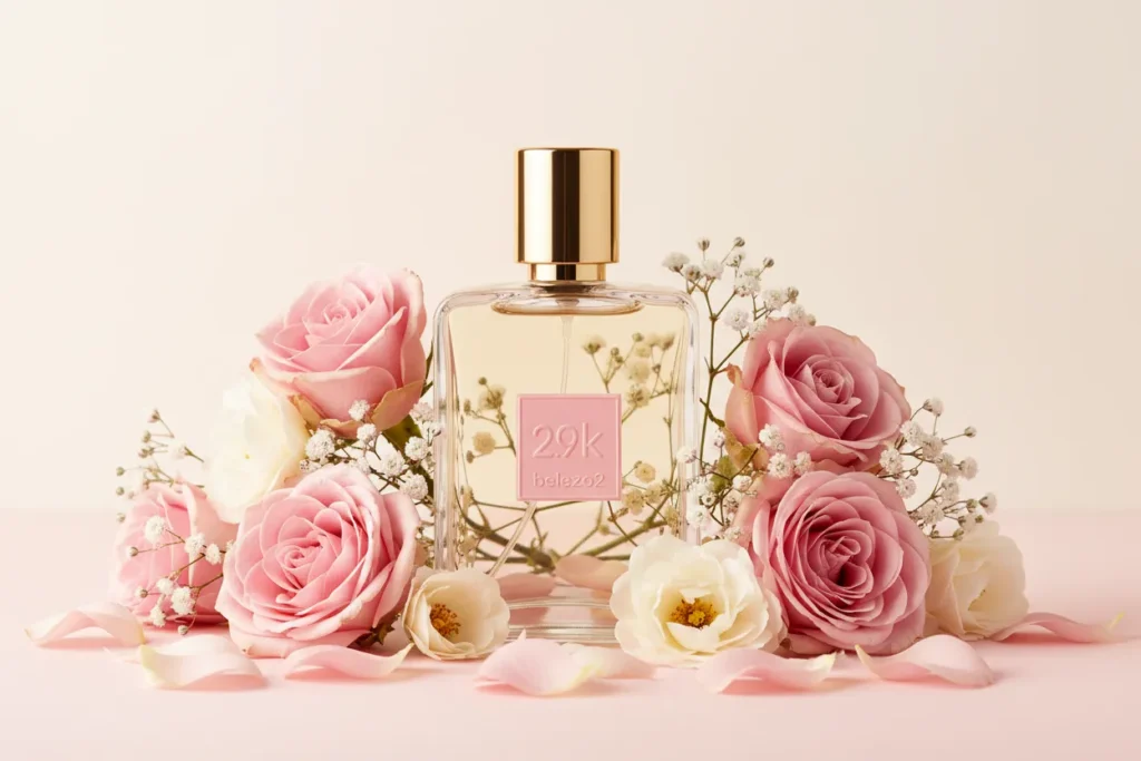 Perfume 2.9K da Beleza2 em frasco transparente com tampa dourada, rodeado por flores e elementos delicados, transmitindo elegância, feminilidade e uma fragrância inspirada em perfumes importados de referência com excelente custo-benefício.