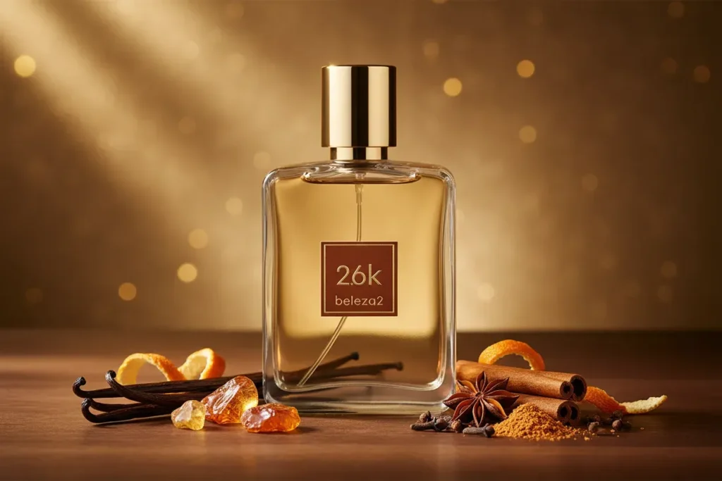 Perfume 2.6K da Beleza2 em frasco transparente com tampa dourada, rodeado por notas doces e ambaradas, transmitindo elegância, sofisticação e uma fragrância inspirada em perfumes importados de referência com excelente custo-benefício.