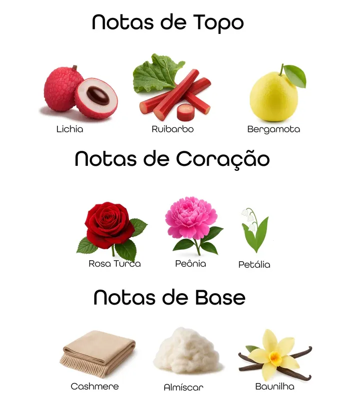 Imagem das notas do perfume Delilah organizadas em topo, coração e base, com destaque para rosa, lichia, ruibarbo, baunilha e almíscar, representando um perfume floral frutado feminino elegante, sofisticado e envolvente.
