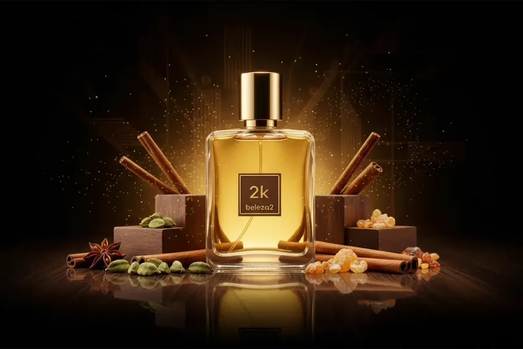 Perfume 2K Beleza2 em cenário sofisticado com madeiras, especiarias e âmbar, representando fragrância amadeirada elegante inspirada em perfume importado de referência