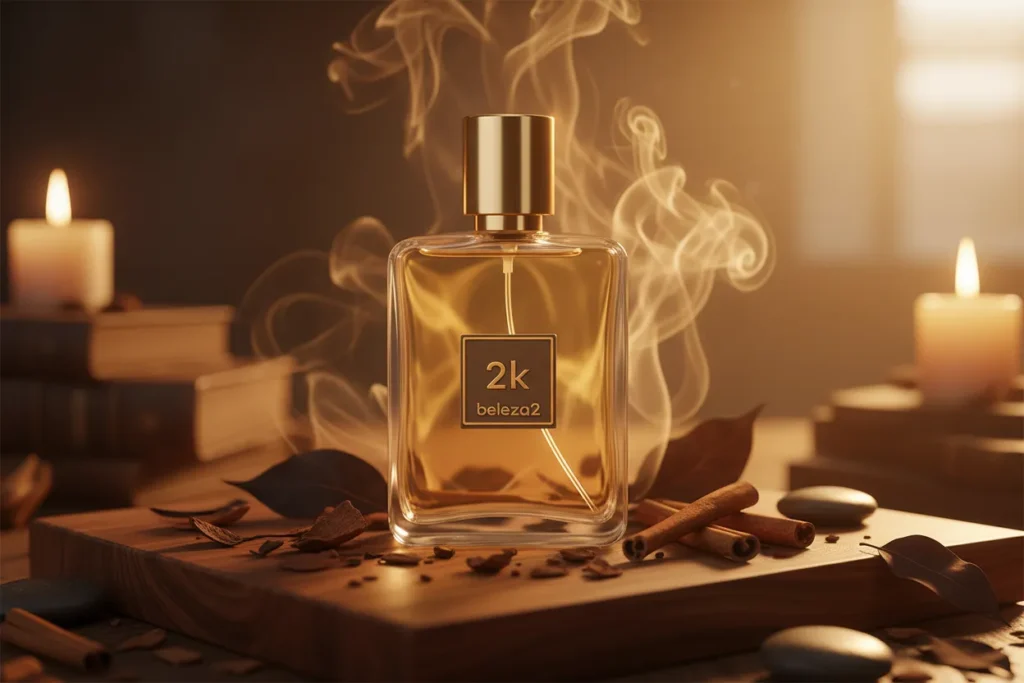 Perfume 2K da Beleza2 em frasco transparente com tampa dourada, rodeado por elementos amadeirados e quentes, transmitindo elegância, sofisticação e uma fragrância inspirada em perfumes importados de referência com excelente custo-benefício.
