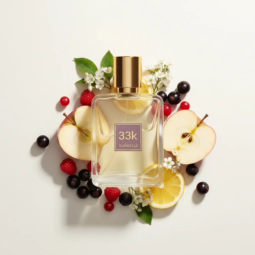 Perfume 3.3K da Beleza2 em frasco transparente com tampa dourada, rodeado por frutas vermelhas e elementos florais, transmitindo elegância, sofisticação e uma fragrância inspirada em perfumes importados de referência com excelente custo-benefício.