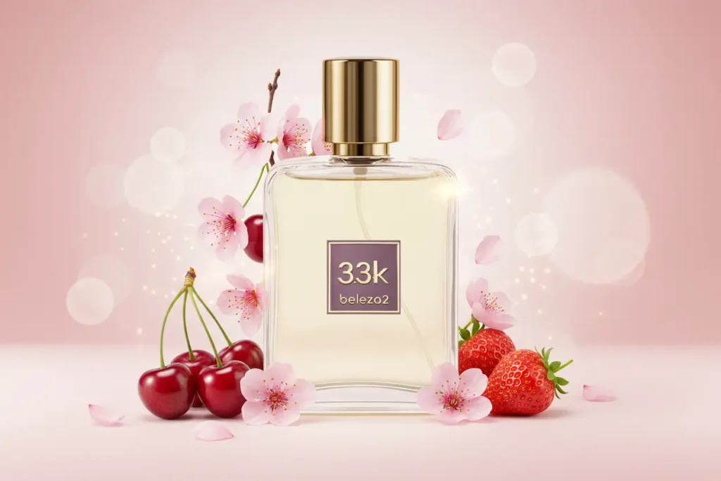 Perfume 3.3K da Beleza2 em frasco transparente com tampa dourada, cercado por cerejas, morangos e flores delicadas, representando fragrância floral frutada feminina sofisticada e envolvente