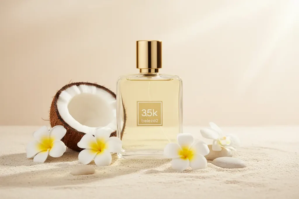 Perfume 3.5K da Beleza2 em frasco transparente com tampa dourada, cercado por coco aberto, flores brancas e areia, representando fragrância floral solar cremosa sofisticada inspirada em perfume de nicho
