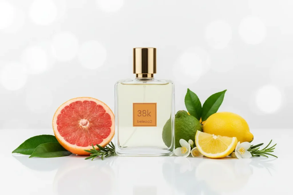 Perfume 3.8K da Beleza2 em frasco transparente com tampa dourada, cercado por toranja, limão e folhas verdes, representando um perfume cítrico fresco, elegante e moderno inspirado em fragrâncias de nicho.