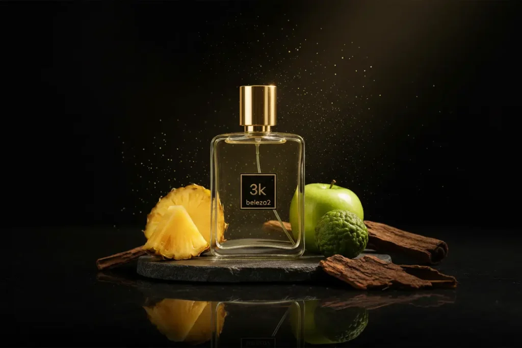 Perfume 3K Beleza2 em cenário escuro com abacaxi, maçã verde, bergamota e madeira, representando fragrância frutada amadeirada fresca e elegante