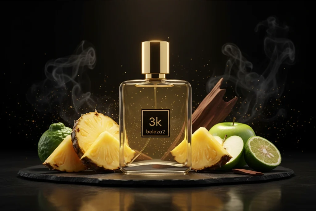Perfume 3K Beleza2 com abacaxi, maçã verde, bergamota e madeira em cenário escuro sofisticado, representando fragrância frutada amadeirada elegante e marcante