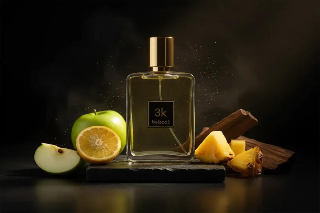 Perfume 3K Beleza2 com abacaxi, maçã verde, bergamota e madeira em cenário escuro sofisticado, representando fragrância frutada amadeirada elegante e marcante