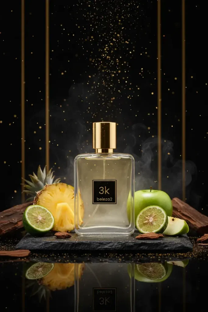 Perfume 3K Beleza2 com abacaxi, maçã verde, bergamota e madeira em cenário escuro com detalhes dourados, representando fragrância frutada amadeirada sofisticada