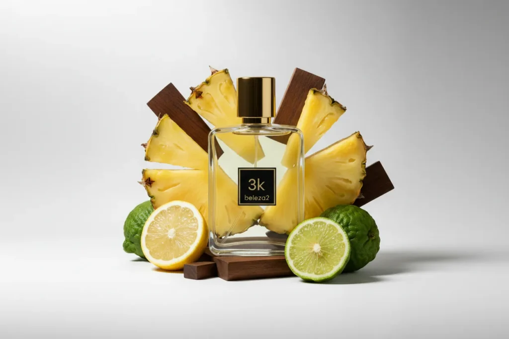 Perfume 3K da Beleza2 em frasco transparente com tampa dourada, rodeado por abacaxi, notas cítricas e madeira, transmitindo elegância, sofisticação e uma fragrância inspirada em perfumes importados de referência com excelente custo-benefício.