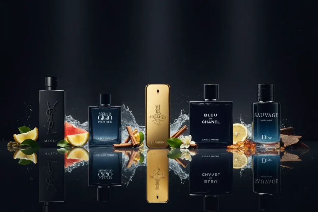 Perfumes designers masculinos Dior Sauvage, Bleu de Chanel, 1 Million, Acqua di Giò Profondo e YSL MYSLF alinhados em cenário sofisticado com frutas cítricas, notas marinhas, especiarias e madeira, representando fragrâncias modernas, elegantes e versáteis