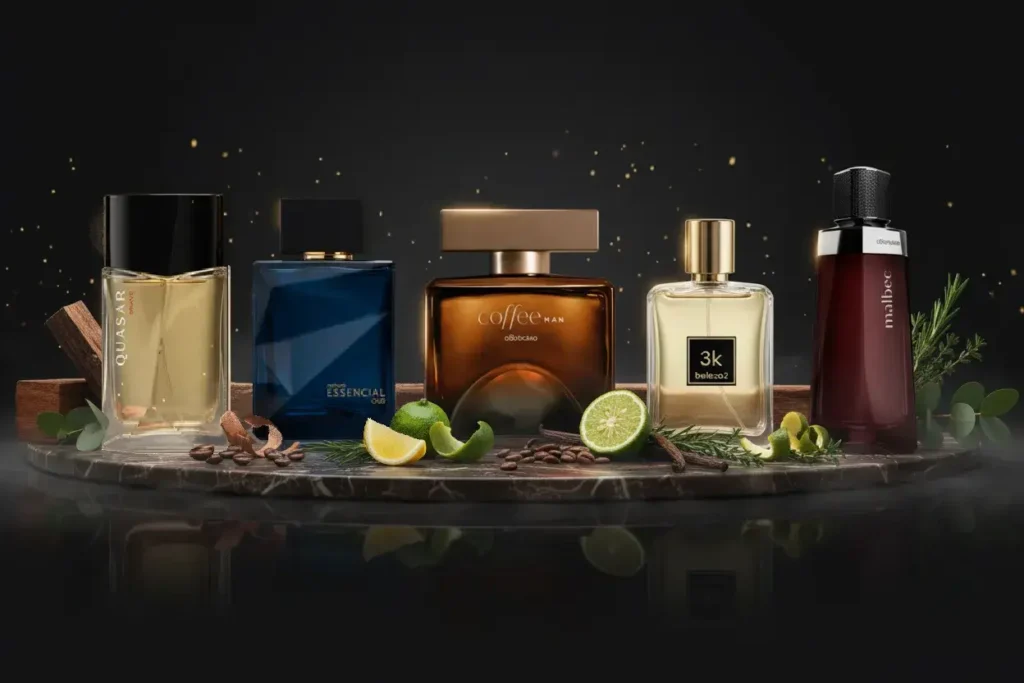 Perfumes nacionais masculinos Quasar, Essencial, Coffee Man, 3K Beleza2 e Malbec alinhados em cenário sofisticado com madeira, limão, café e ervas, representando fragrâncias modernas, marcantes e de alto custo-benefício