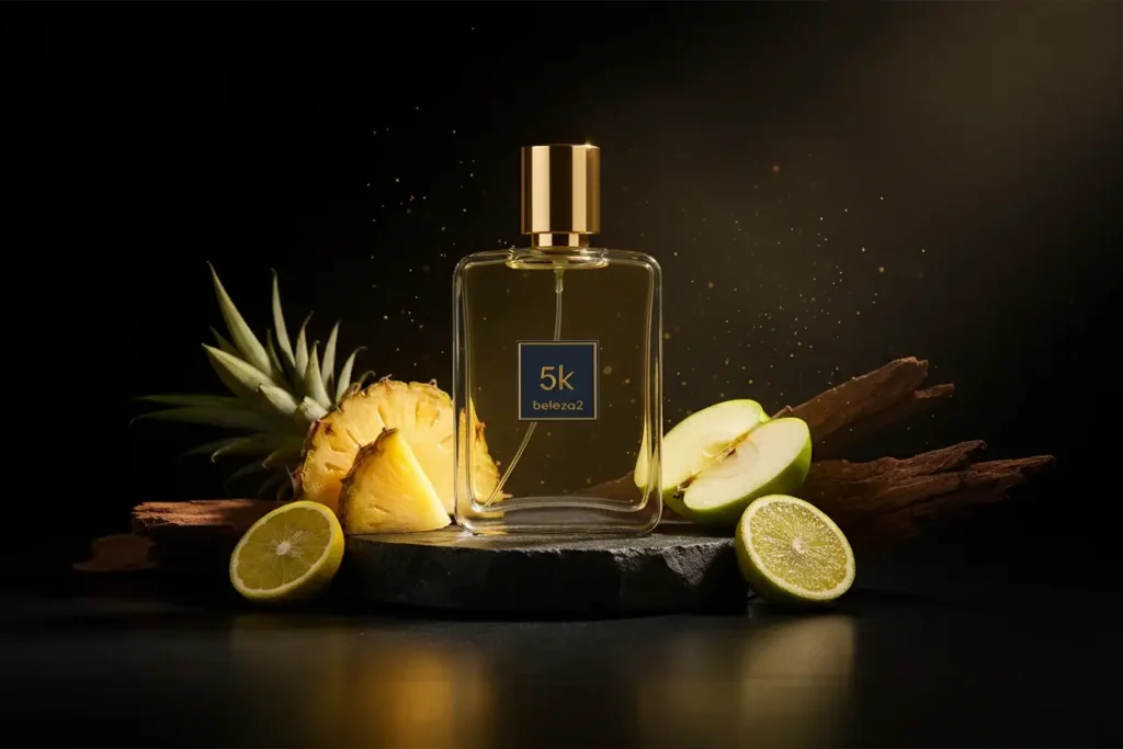 Perfume 5K Beleza2 com âmbar, baunilha, açúcar e flores brancas em cenário vermelho luxuoso, representando fragrância doce, intensa e sofisticada