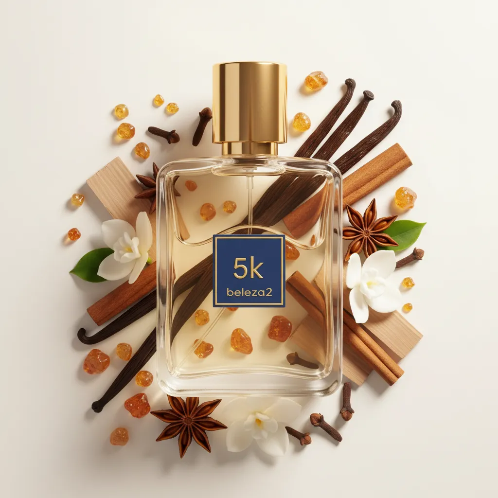 Perfume 5K da Beleza2 em frasco transparente com tampa dourada, rodeado por notas doces e ambaradas, transmitindo elegância, sofisticação e uma fragrância inspirada em perfumes importados de referência com excelente custo-benefício.
