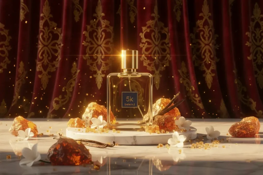 Perfume 5K Beleza2 em cenário luxuoso com fundo vermelho e dourado, rodeado por âmbar, baunilha e flores brancas, representando fragrância doce, envolvente e sofisticada