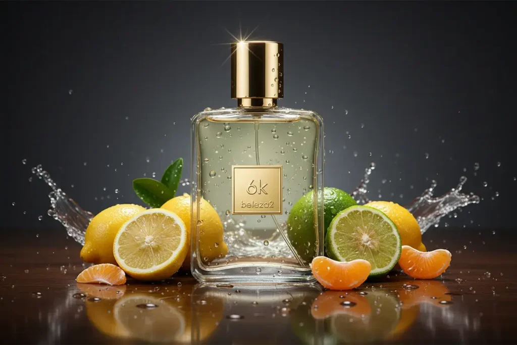 Perfume 6K da Beleza2 em frasco transparente com tampa dourada, rodeado por frutas cítricas e elementos aquáticos, transmitindo frescor, elegância e uma fragrância inspirada em perfumes importados de referência com excelente custo-benefício.
