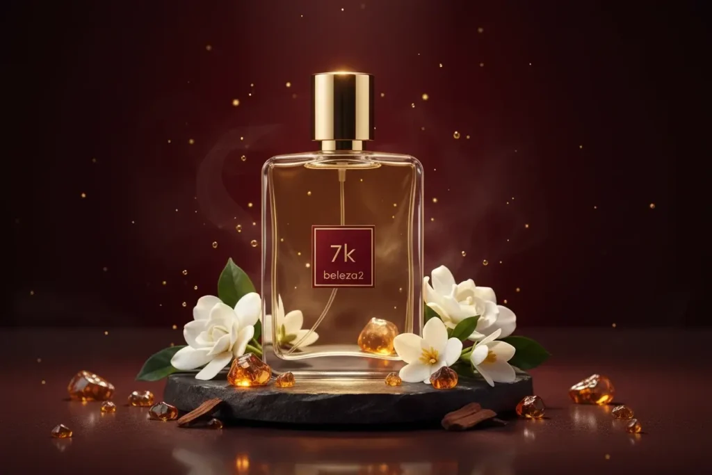 Perfume 7K Beleza2 em cenário vermelho elegante com flores brancas, âmbar e notas quentes, representando fragrância doce ambarada sofisticada e marcante