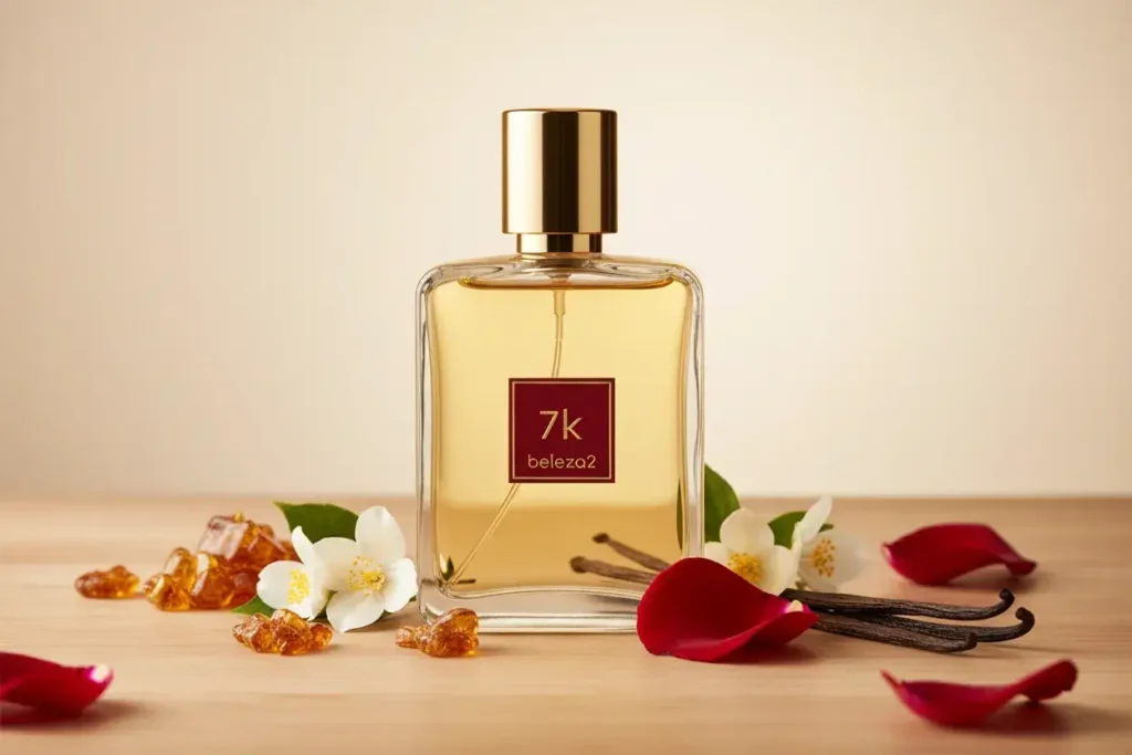 Perfume 7K da Beleza2 em frasco transparente com tampa dourada, rodeado por elementos ambarados e florais, transmitindo intensidade, sofisticação e uma fragrância inspirada em perfumes importados de referência com excelente custo-benefício.