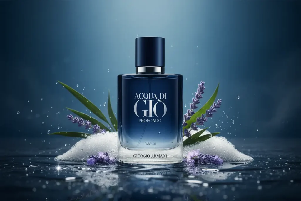 Perfume Acqua di Giò Profondo com notas marinhas, lavanda e água em cenário azul oceano, representando fragrância fresca, limpa e sofisticada