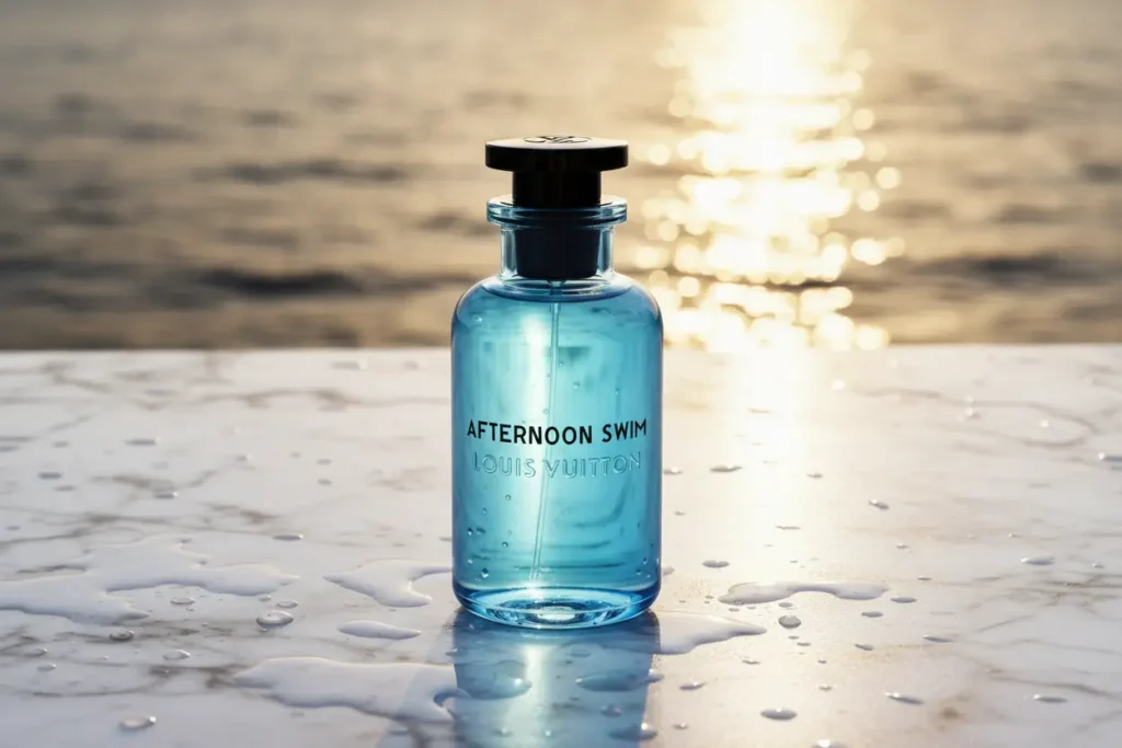Louis Vuitton Afternoon Swim perfume masculino aquático frasco azul sobre mármore molhado com reflexo do mar ao fundo